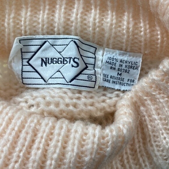 VINTAGE 80s NUGGETS Chunky Open Knit Mock Neck Sweater Pastel Pink Yellow Medium - Picture 4 of 6